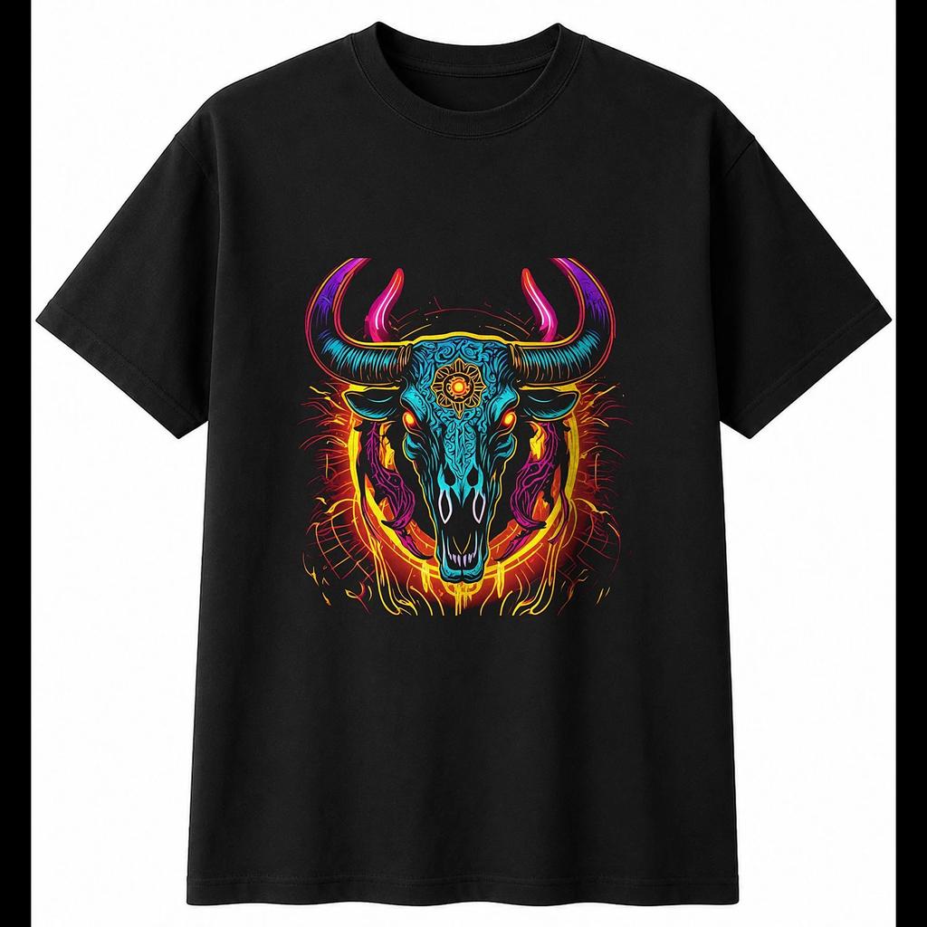 Tattoo Bull Skull Neon Glow Gothic Mens T-Shirt Black 100% Cotton Printed