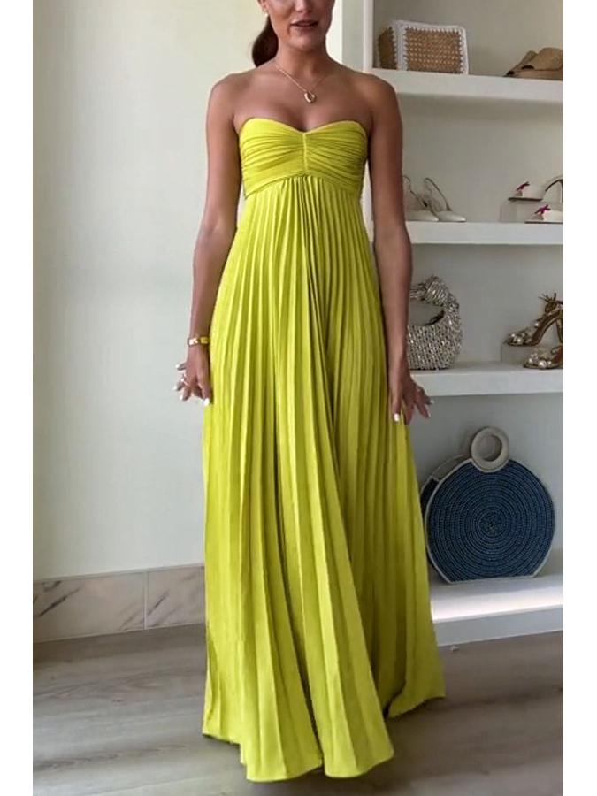 Women's Solid Color Pleated Bandeau Dress - Sleeveless, European & American Style, New Arrival