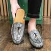 Fashion Designer New Men's Half Slippers Loafers Casual Charm Snake Pattern Leather Mules Moccasins Breathable Driving Shoes