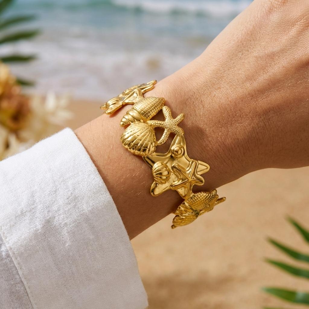 Ocean Style Starfish Stainless Steel Cuff Bracelet for Women Bohemian Geometry Gold Color Bangle Summer Party Jewelry Gift