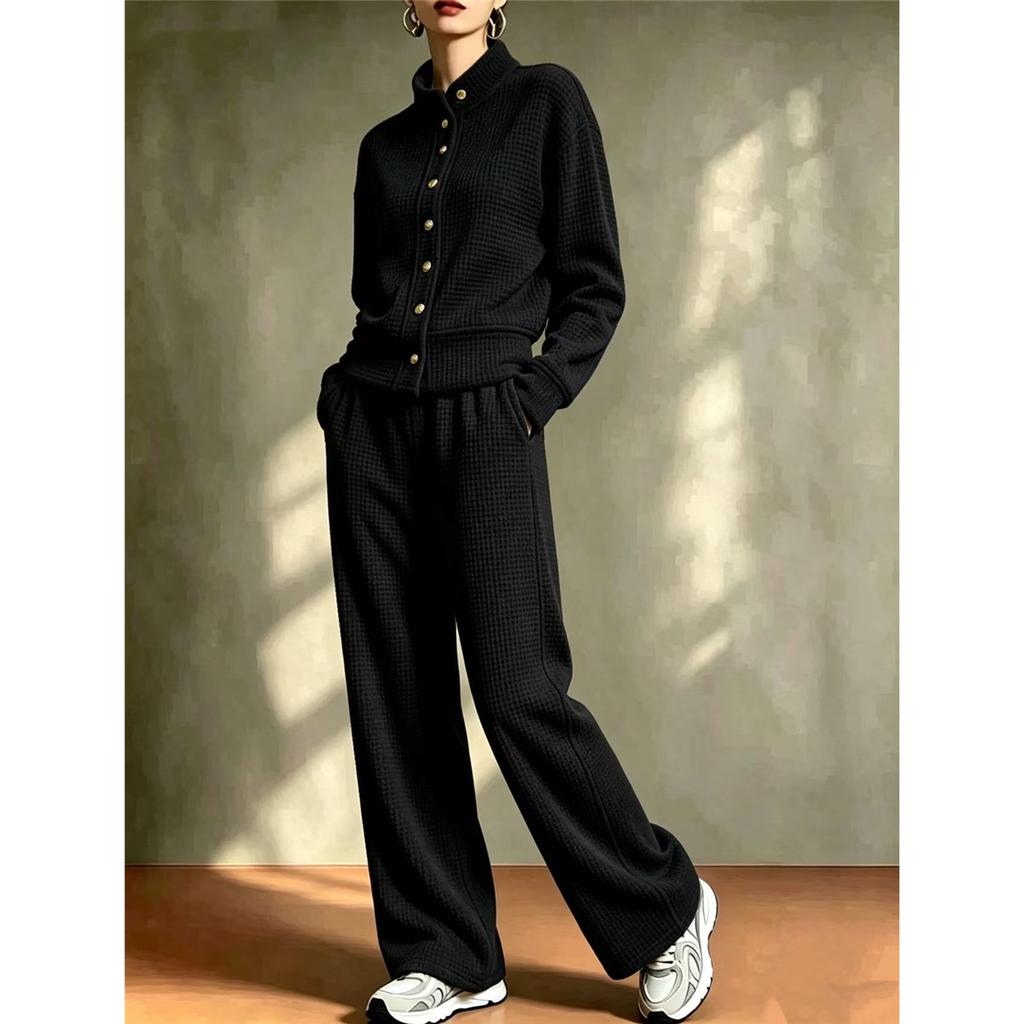 Women 2 Piece Outfit Waffle Knit Set Stand Collar Button Cardigan Wide Leg Pants Casual Loungewear Tracksuit