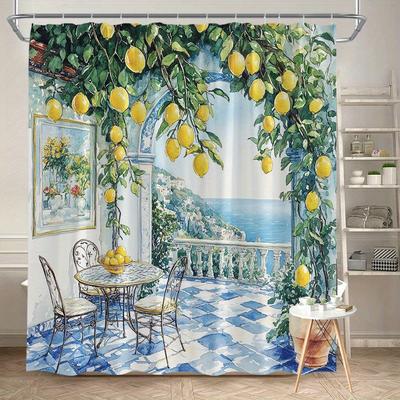 1 Stück Mittelmeer-Duschvorhang - Extra Großer Badezimmer-Fenstervorhang mit Küsten-Zitronenbaum, Blau & Weißes Fliesenmuster