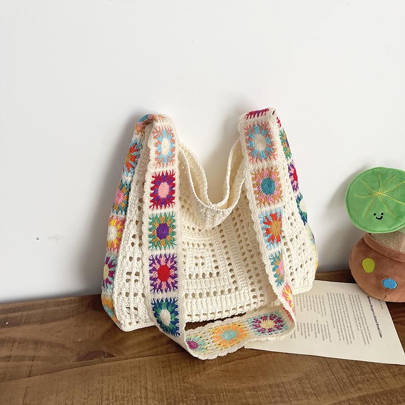 Vintage Hollow Crochet Shoulder Bag – Women's Knit Hobo Bag with Floral Embroidered Strap – Large Casual Tote for Beach Commute