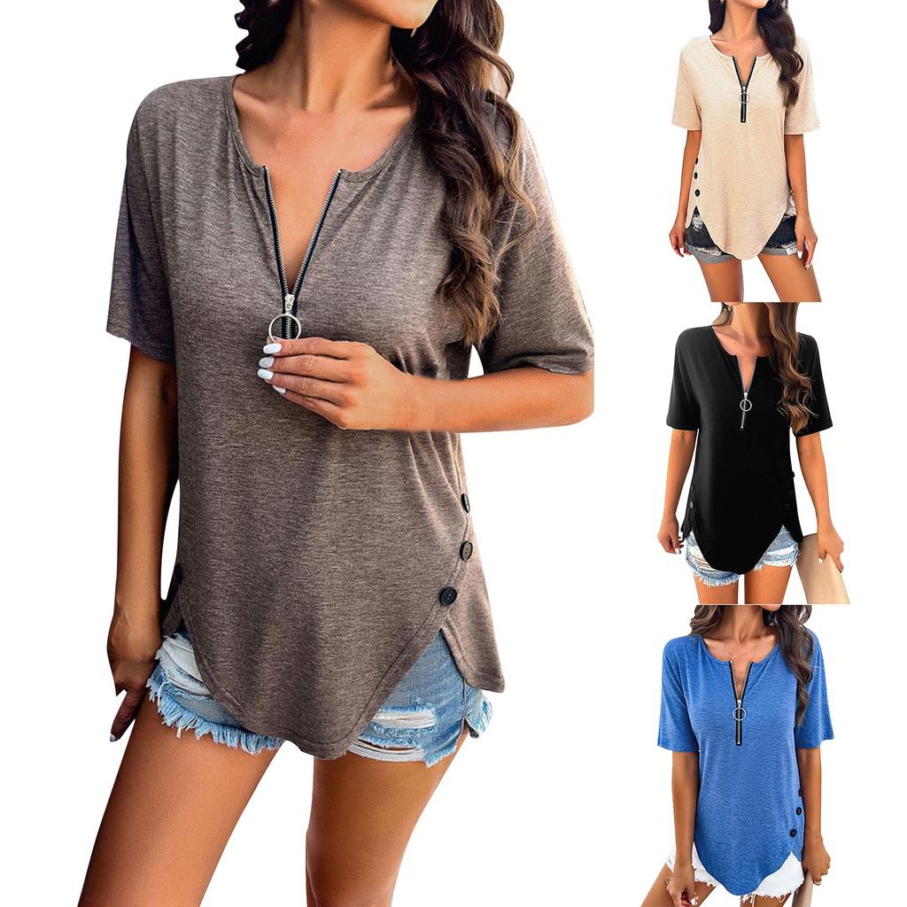 Casual Women's Solid Color Temperament Casual Solid Color Zipper Short-sleeved Tops