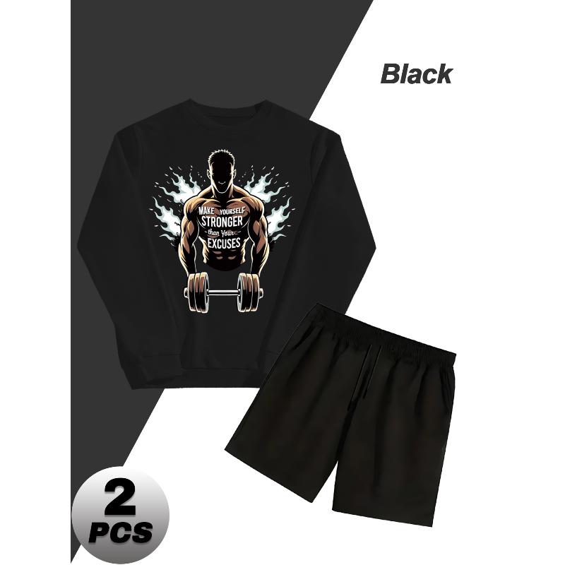 Polyester Men s Crew Neck Sweatshirt and Shorts 2 Piece Set Lightweight Casual Wear S