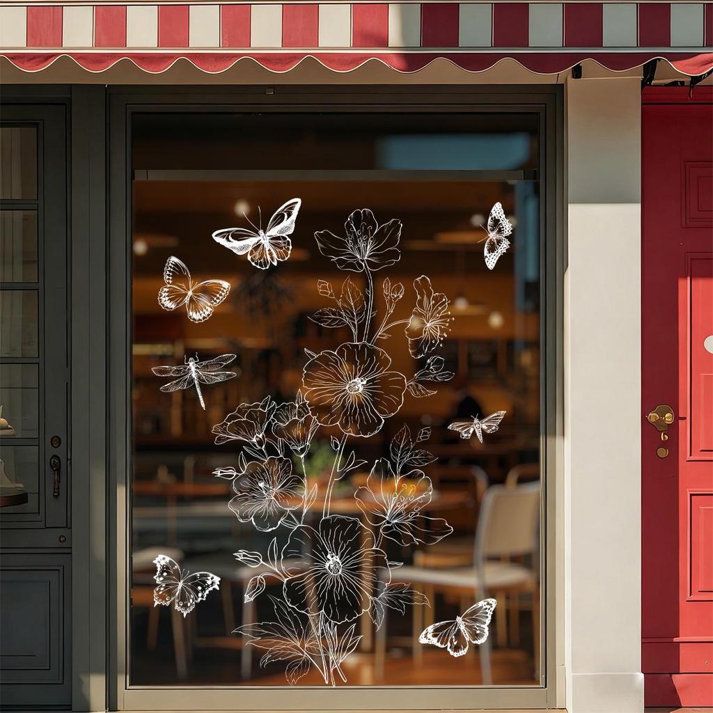 Electrostatic White Line Flower & Butterfly Glass Window Stickers, Decorative Spring Design for 2026.