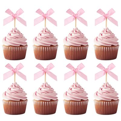 12Pcs Pink Bow Cupcake Toppers Kids Girls Birthday Party Cake Topper Decoration Baby Shower Wedding Bachelorette Party Supplies