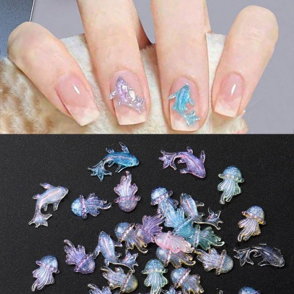 100 Pcs Mini Shiny Goldfish Dolphin Jellyfish Nail Decorations  3D Nail Charms
