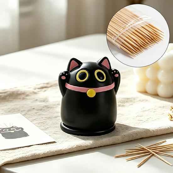Black Fortune Cat Toothpick Holder Large Capacity Dust-Proof Covered Toothpick Storage Box Kitchen Toothpick Dispenser Container with Lid