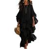 Elegant French-Style Ruffled A-Line Dress with Lantern Sleeves & Beaded Accents