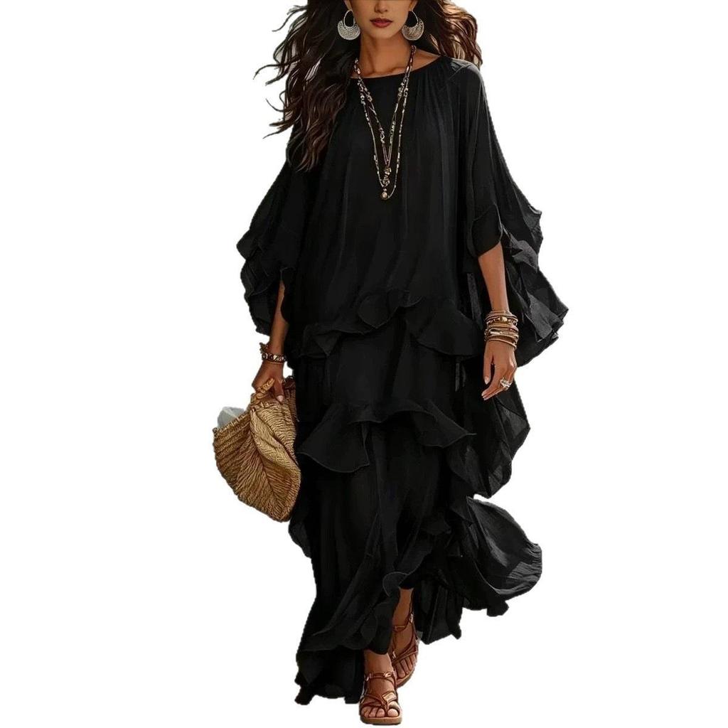 Elegant French-Style Ruffled A-Line Dress with Lantern Sleeves & Beaded Accents