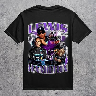 Camiseta Gráfica de Collage Vintage Morado Lewis Hamilton Mercedes AMG Petronas #44, Unisex Oversize Streetwear, Regalo para Fan de la F1