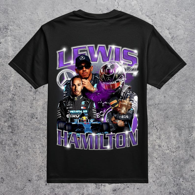 Мужская/Женская футболка с графическим принтом-коллажем Lewis Hamilton Mercedes AMG Petronas #44 Винтажный Фиолетовый, Оверсайз Уличная одежда, Подарок для фаната Формулы-1 4XL