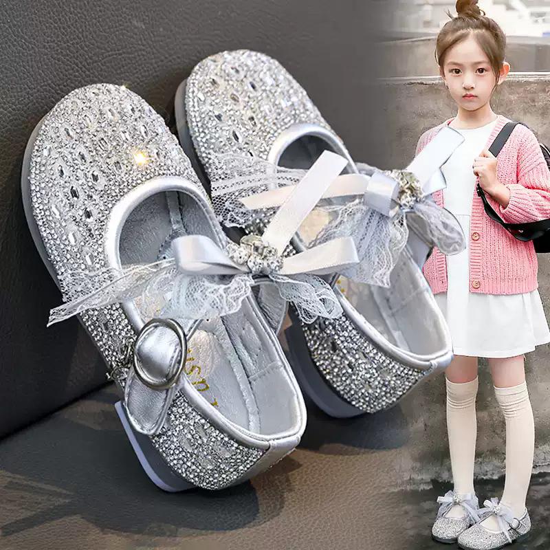 Girls Silver Crystal Princess Leather Shoes Kids Spring Fashion Flat Shoes Children Dress Shoes for Performance