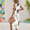 Women Plus Size Sleeveless U Neck Abstract Printed Midi Dress High Side Slit Curved Hem
