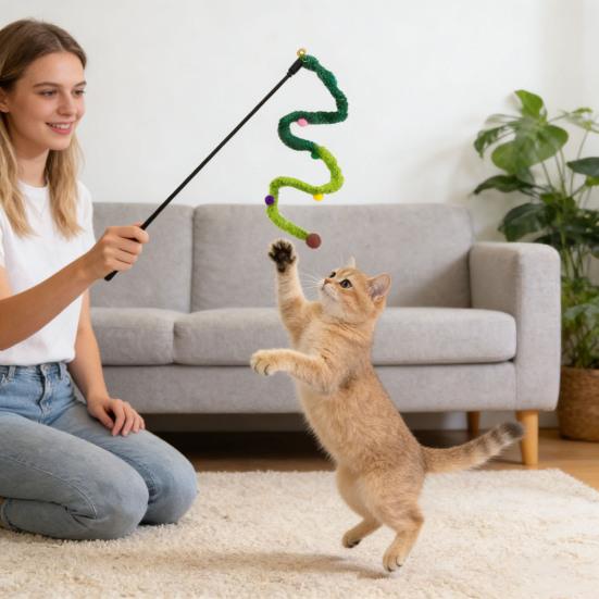 Cat Wand Toy Interactive Cat Teaser with Bell Colorful Pom Poms Plush Tail Cat Teaser Wand for Indoor Cats Kittens