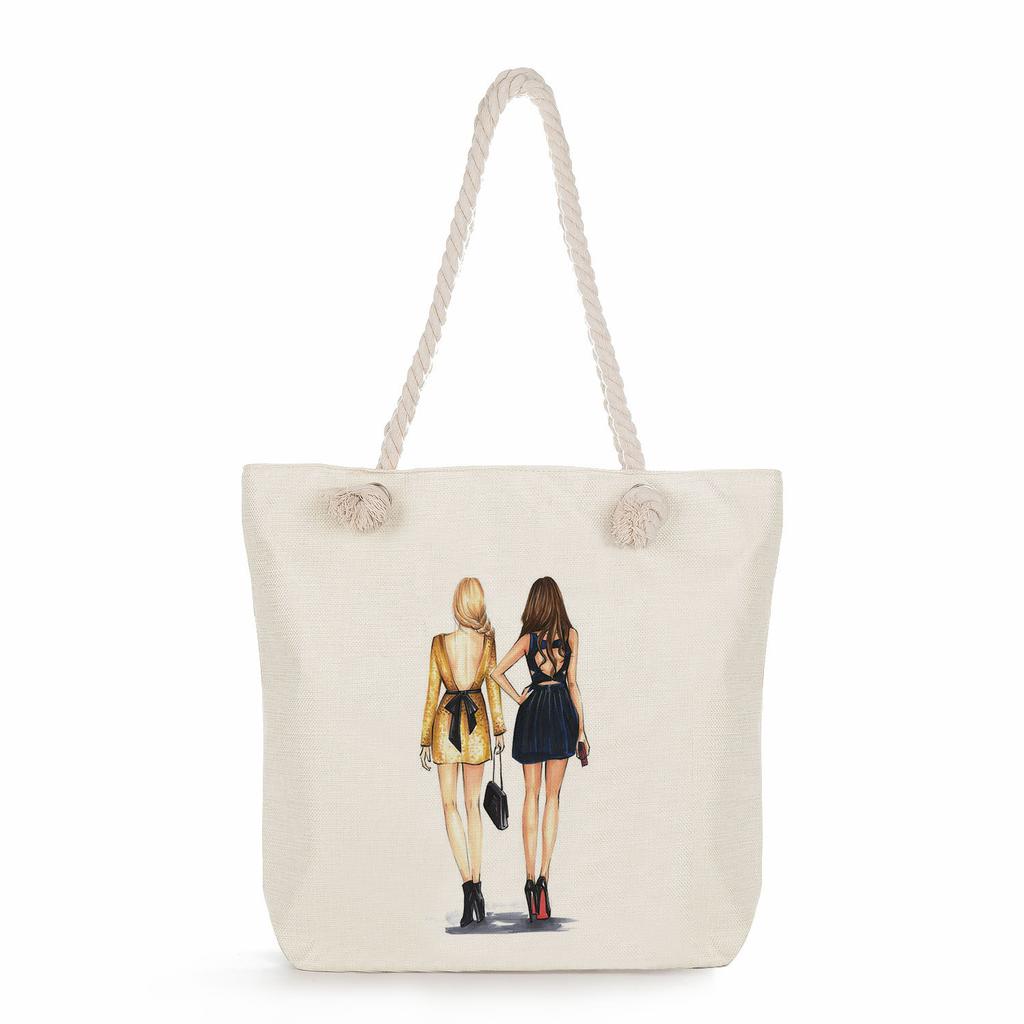Sisters Print Thick Rope Single-shoulder Beach Bag 7275 CLE