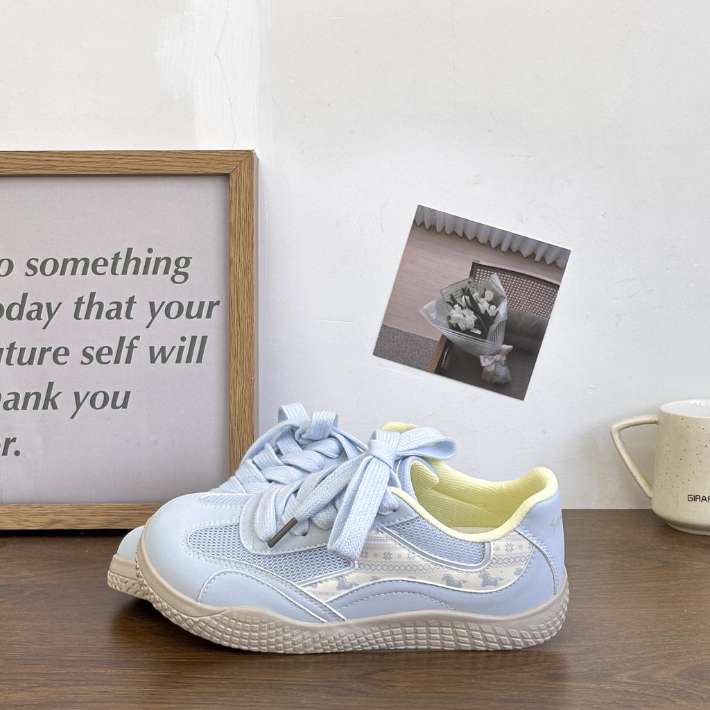 Girl Korean‑Style Mesh Leather‑Surface Skate Shoes Breathable Fashion Casual White Sneakers for Spring Autumn