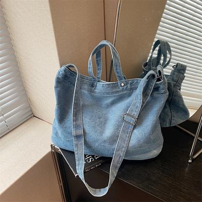 Large Capacity Denim Tote Bag Commuter Handbag Vintage Student Class Shoulder Crossbody Bag