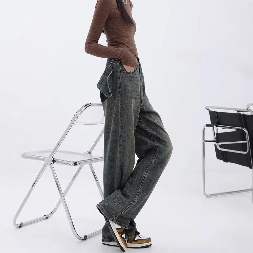 2025 Autumn/Winter Distressed High-Waisted Straight-Leg Women's Wide-Leg Jeans