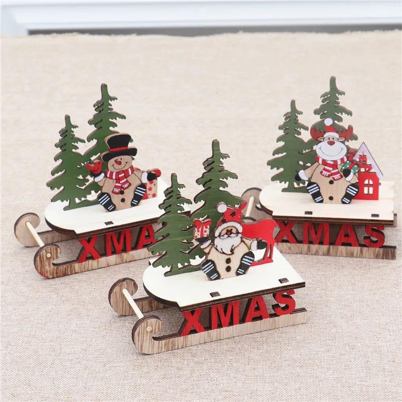 Christmas Decorations Wooden DIY Sleigh Skiing Cartoon Santa Desktop Ornament Children's Gift Small Gift