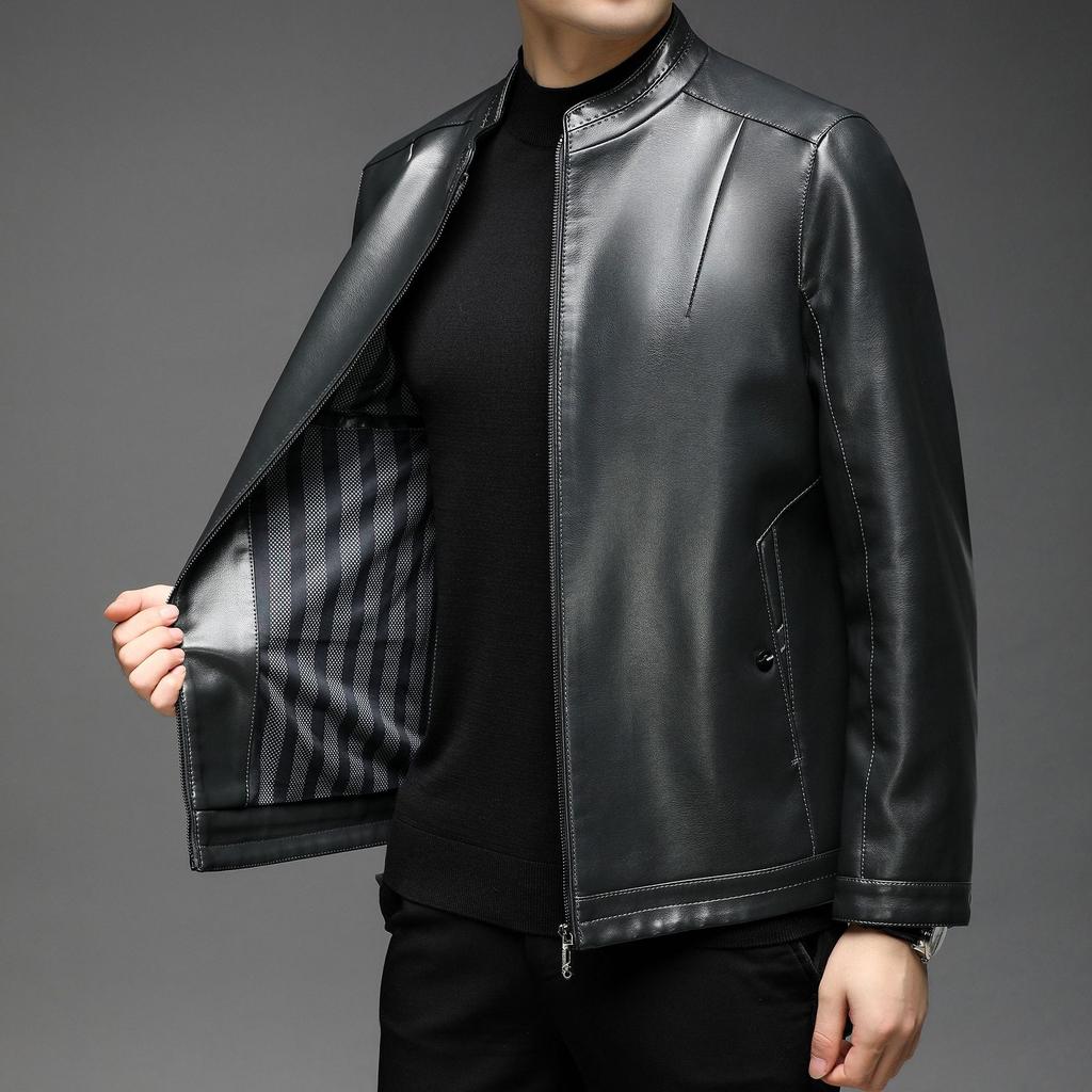 Autumn and Winter New Men's Leather Jacket Leather Jacket Business Casual Stand-up Collar Fleece Thickened Windproof Youth Leather Jacket