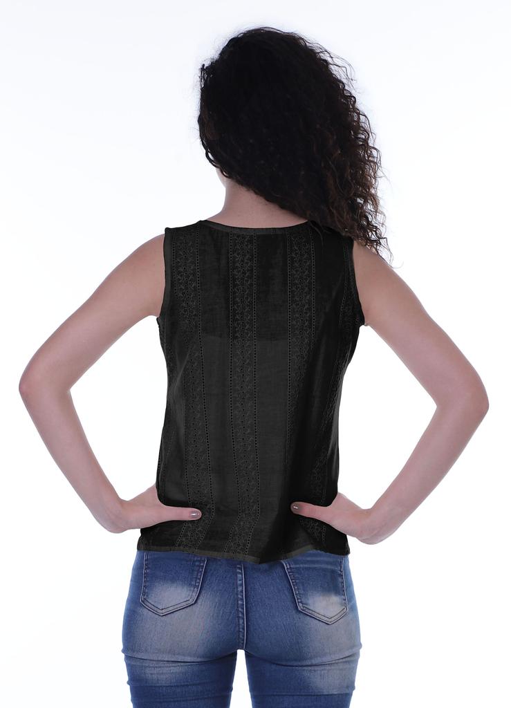 Moomaya Damen Solide Ärmelloses Top Schiffli Bluse Sommer Casual Tunika Tops