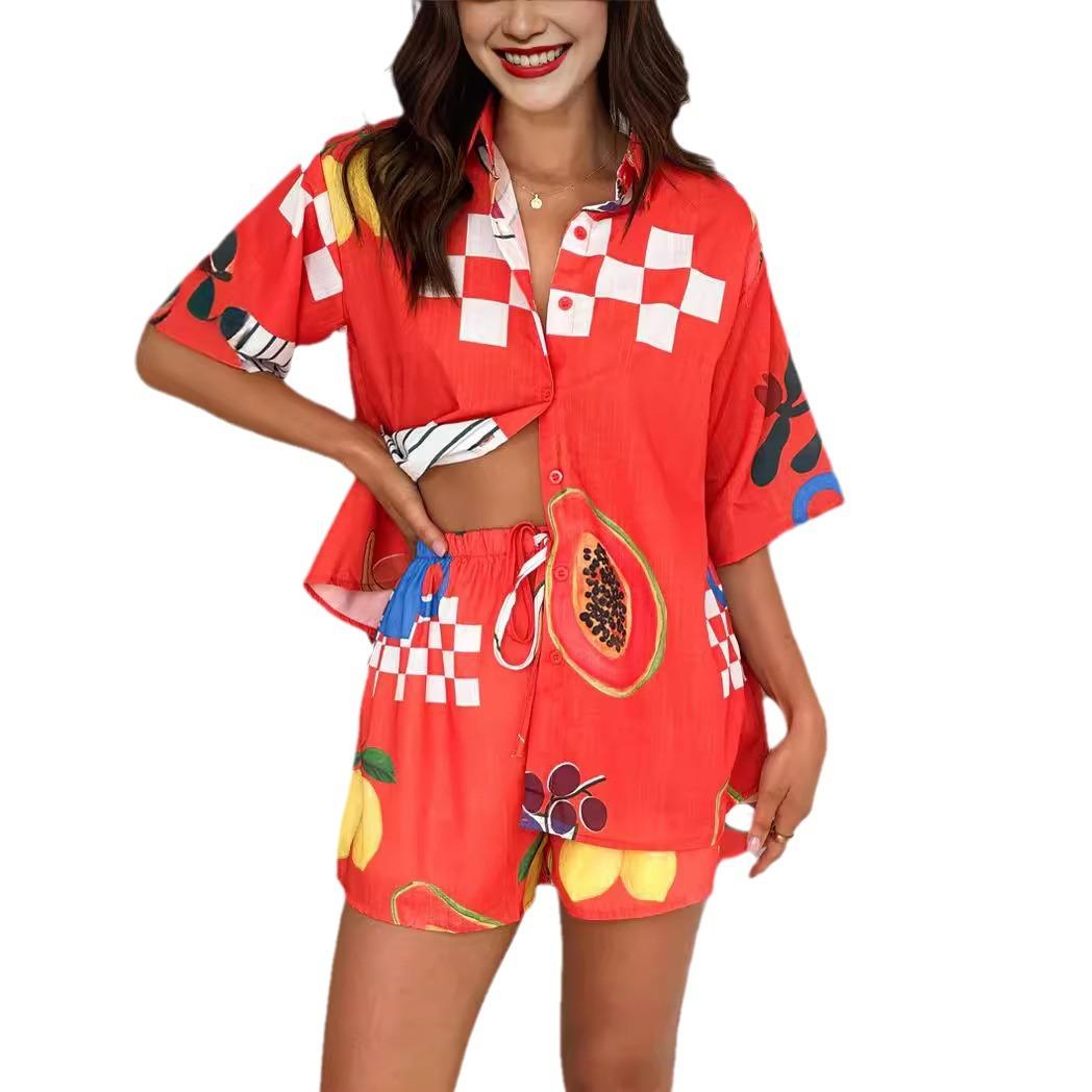 Womens Updated Leisure Top Short Pants Versatile Printed Cardigan Two-piece Kit S