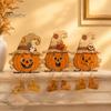 Small Pumpkin Statues for Desks 3PCS Distressed Wooden Ornaments, Witch Hats And Ghost Patches Harvest Seasonal Shelf Accents Decor, Halloween