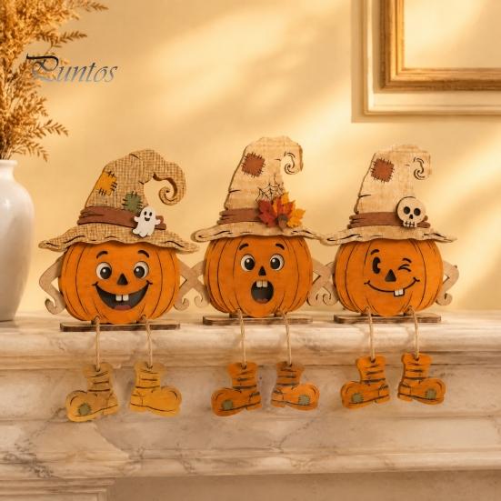 Small Pumpkin Statues for Desks 3PCS Distressed Wooden Ornaments, Witch Hats And Ghost Patches Harvest Seasonal Shelf Accents Decor, Halloween