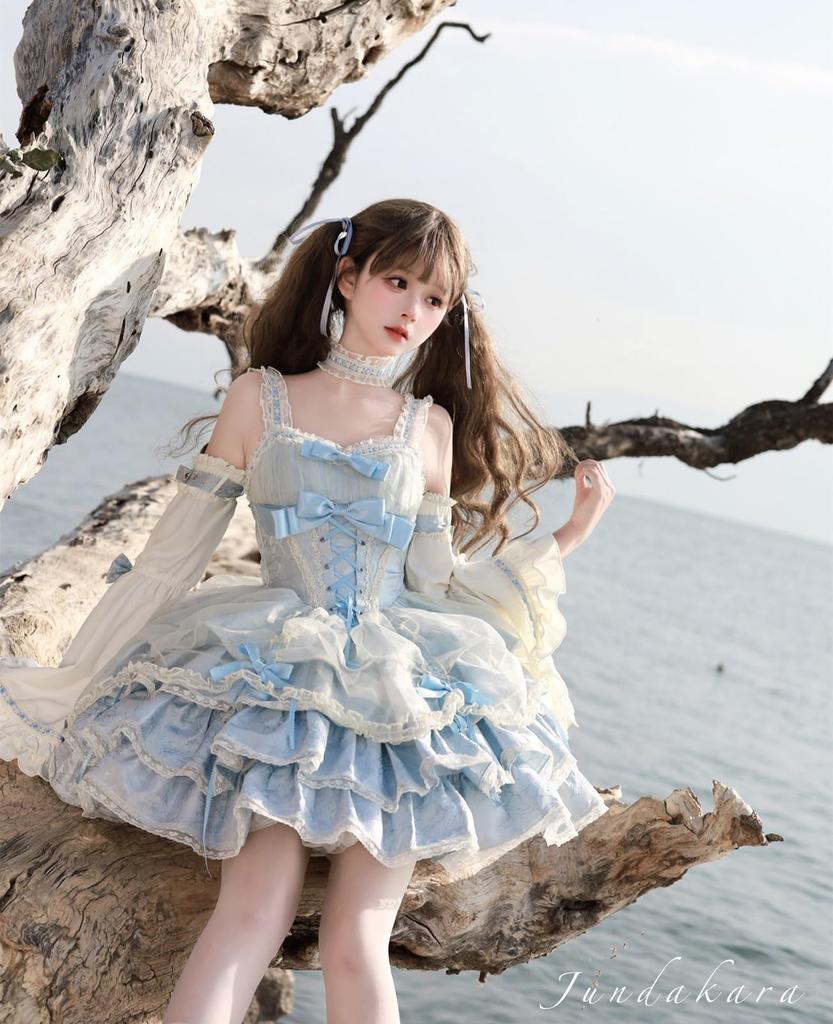 Jundakara Tiered JSK Jumper Skirt with Faux Princess and Features a Perfect for Lolita and Available in Light Blue and Women's Sleeves, Choker,