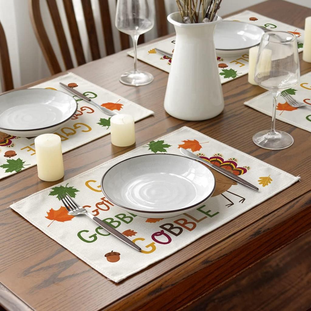 Artoid Mode Turkey Gobble Thanksgiving Placemats Set of 4, 12x18 Inch Maple Leaves Fall Table Mats for Outdoor Home Party Kitchen Dining Decoration