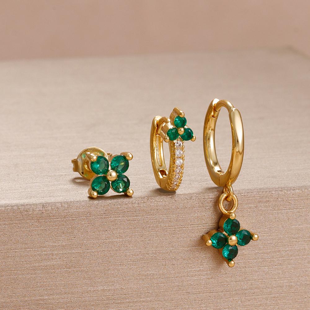 3PCS 12 Styles Green Cubic Zirconia Flower Pendant Earring Set For Women Stainless Steel Round U-Shape Hoop Earring Jewelry