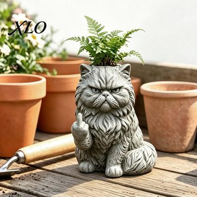 Weather Resistant Resin Pot Funny Cat Planter, Middle Finger Kitty Flower Pot, Stone-Finish Multifunctional Vase Frowning Plant for Succulents, Lovers