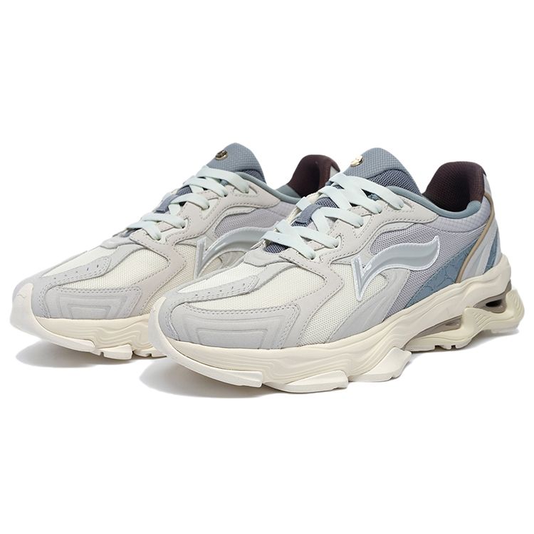 Li Ning Fabric Leather Shock Absorbing Non-Slip Breathable Low-Top Sports Casual Shoes Men Sneakers Gray White ALJS033-2