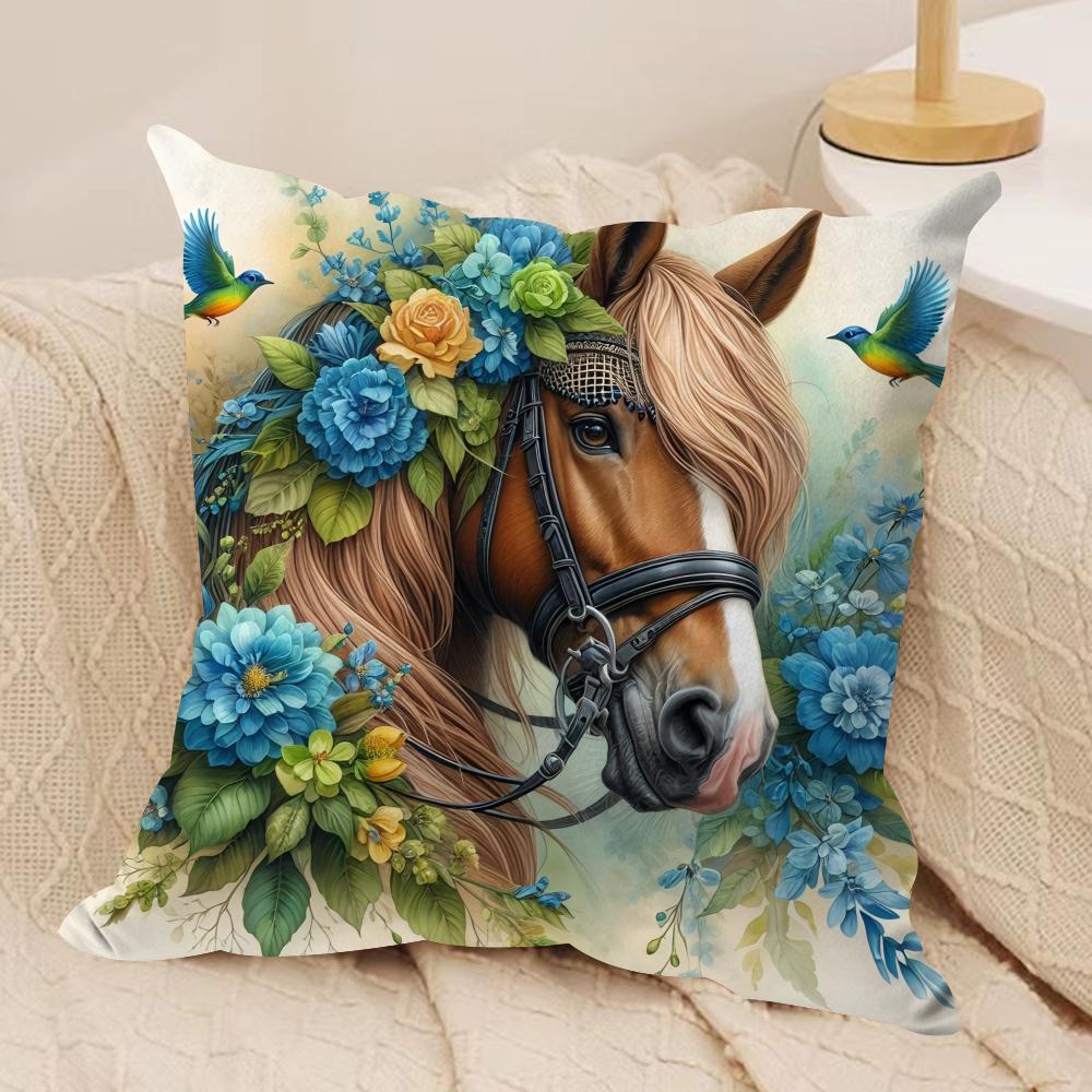 Watercolor Horse Floral Cushion Cover Soft Plush Fabric DoubleSided Printed Cushion Covers for All Seasons Modern Home Decor