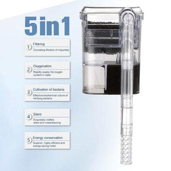2.5 W 250 H/L Hang-on Aquarium Filter Quiet Small Fish Tank Filter Adjustable Flow Filter for Freshwater Seawater Aquarium