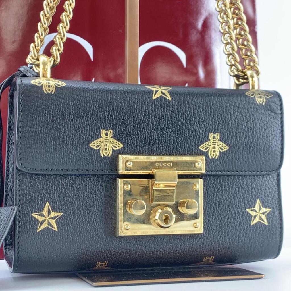 GUCCI Bee & Star Shoulder Bag Crossbody Chain Strap Gold Hardware Leather 432182 Padlock Black Women's