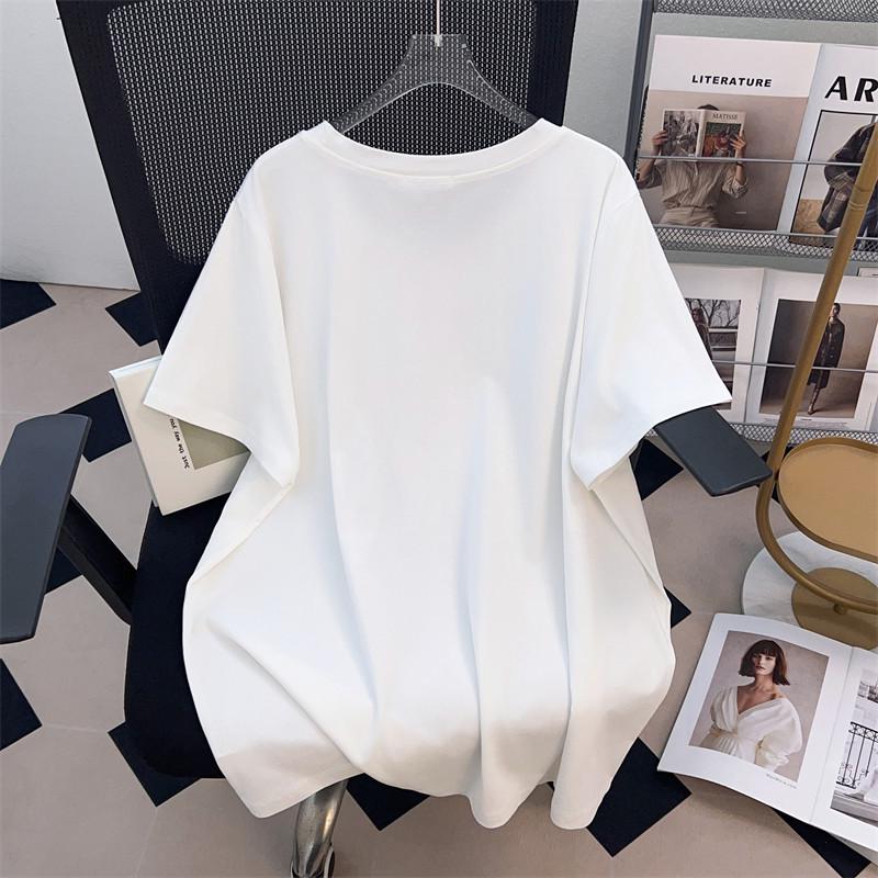 Plus Size V-Neck Mid-Length Short-Sleeve Loose Fit T-Shirt for Women