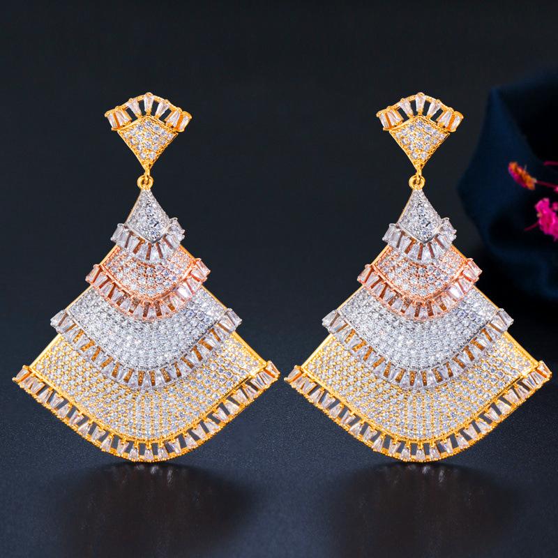 E0307 Middle East Personality Three-Color Full Diamond Zircon Earrings Needle Fan Earrings
