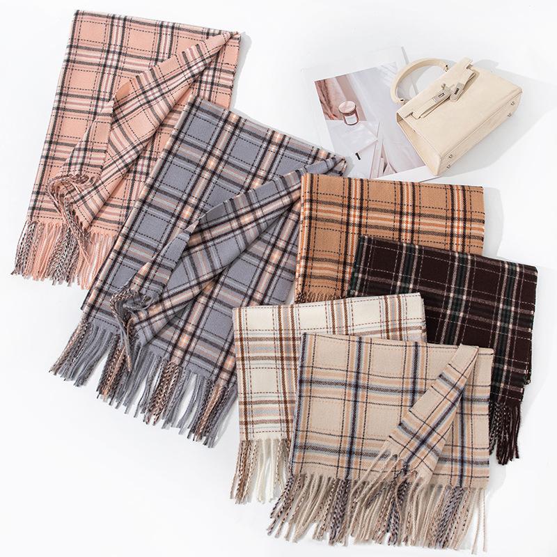Scarf New Imitation Cashmere Retro Scarf Women's Korean Autumn and Winter Plaid Scarf Tassel Shawl Scarf