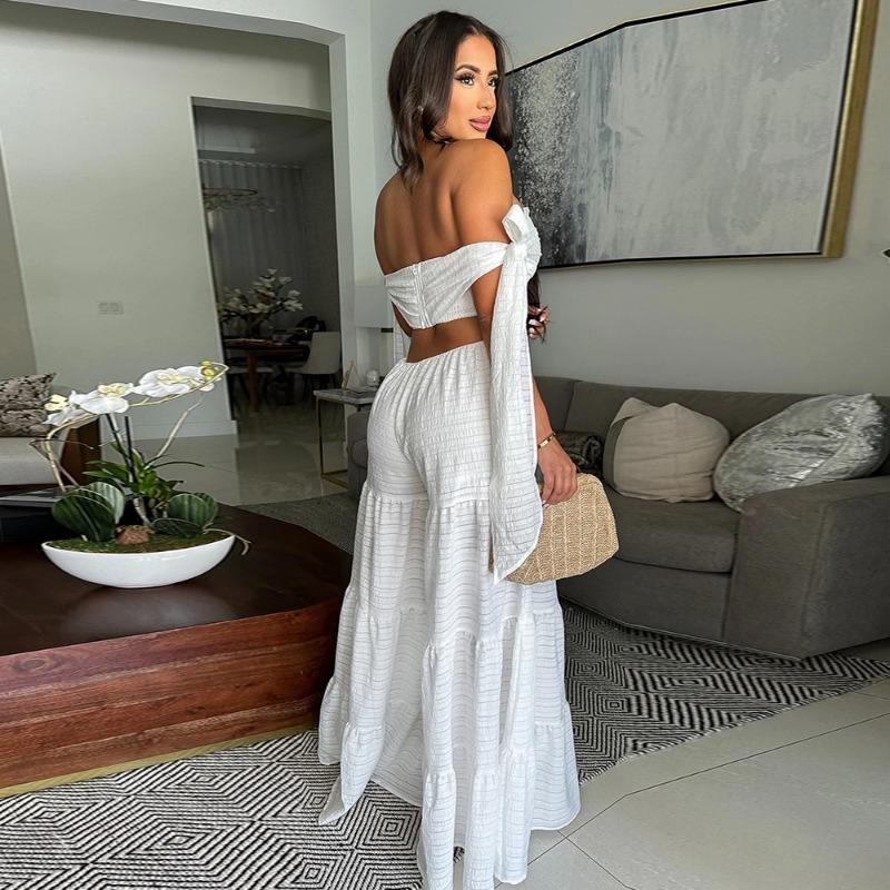 Women's One-line Shoulder-top Chest Solid Color Loose Wide-leg Jumpsuit for Women