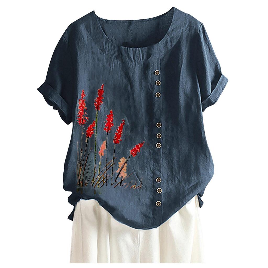 Frühling Herbst Tasten Große Größe Bluse frauen Tops Lose Rundhals Kurzarm Blumen Druck Shirts