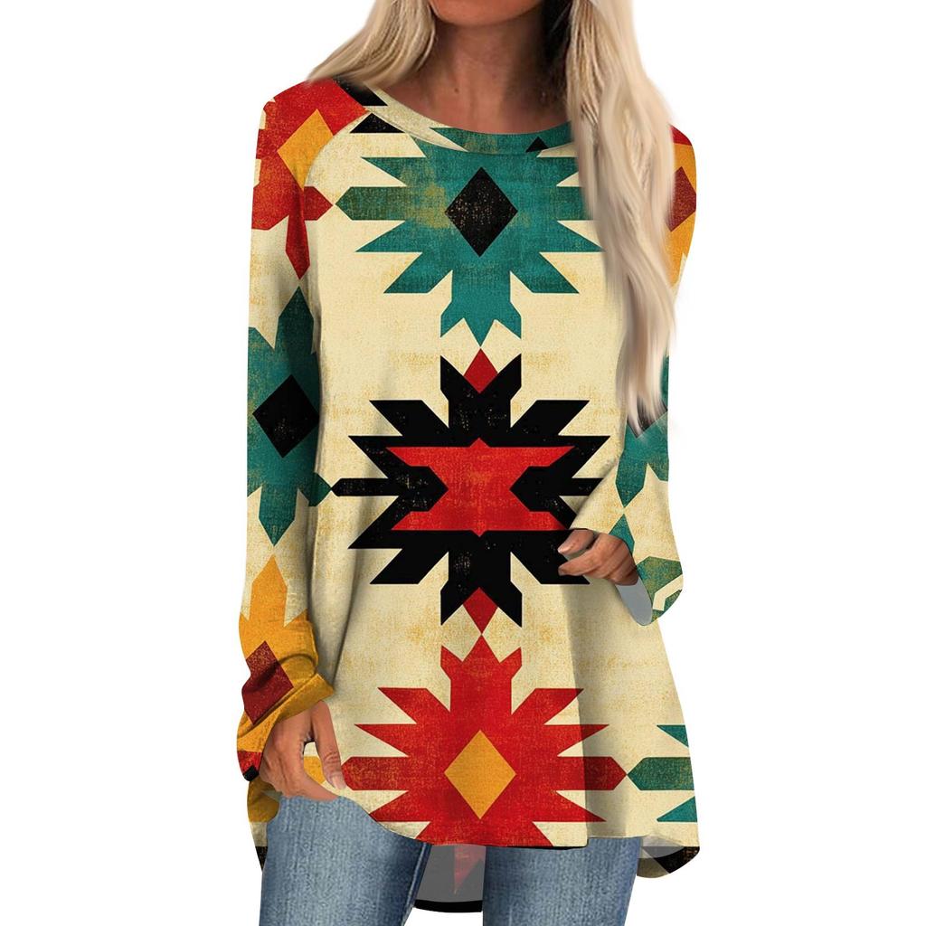 Women's Fashion Casual Long Sleeve  Print Round Neck Pullover Top Blouse