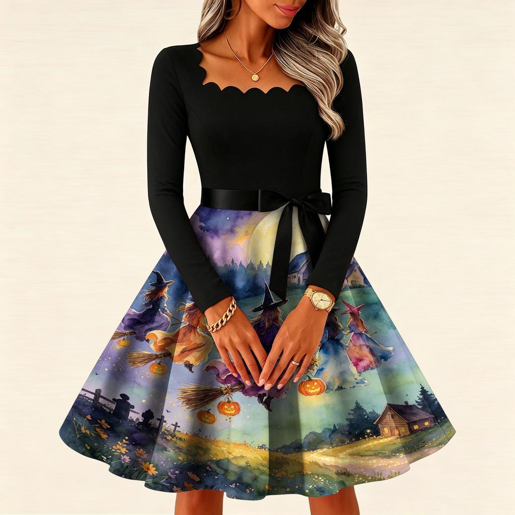 Women's Vintage Square Neck Long Sleeve Halloween Print Evening Dress