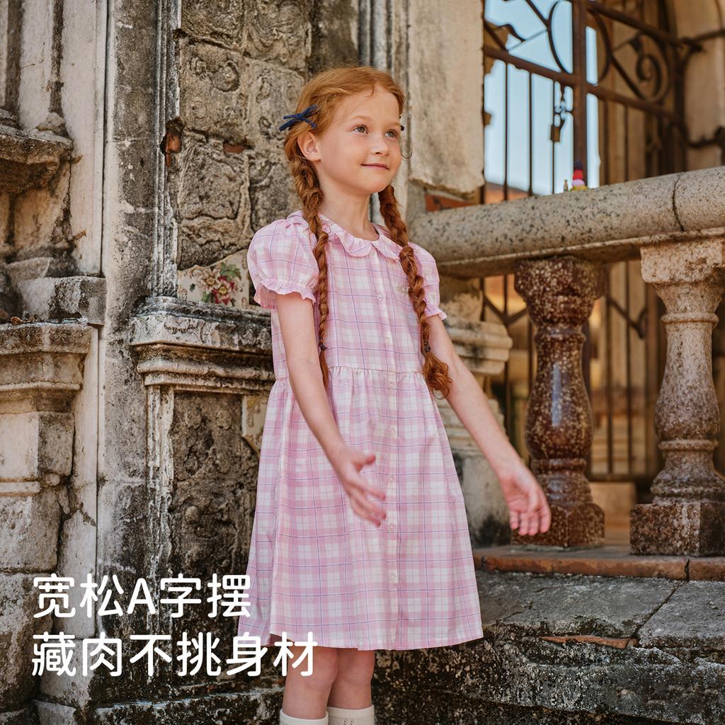 Davidella Girls' Pure Cotton Plaid Dress Summer Dress New Children's Dress, Medium Size Princess Dress for Children