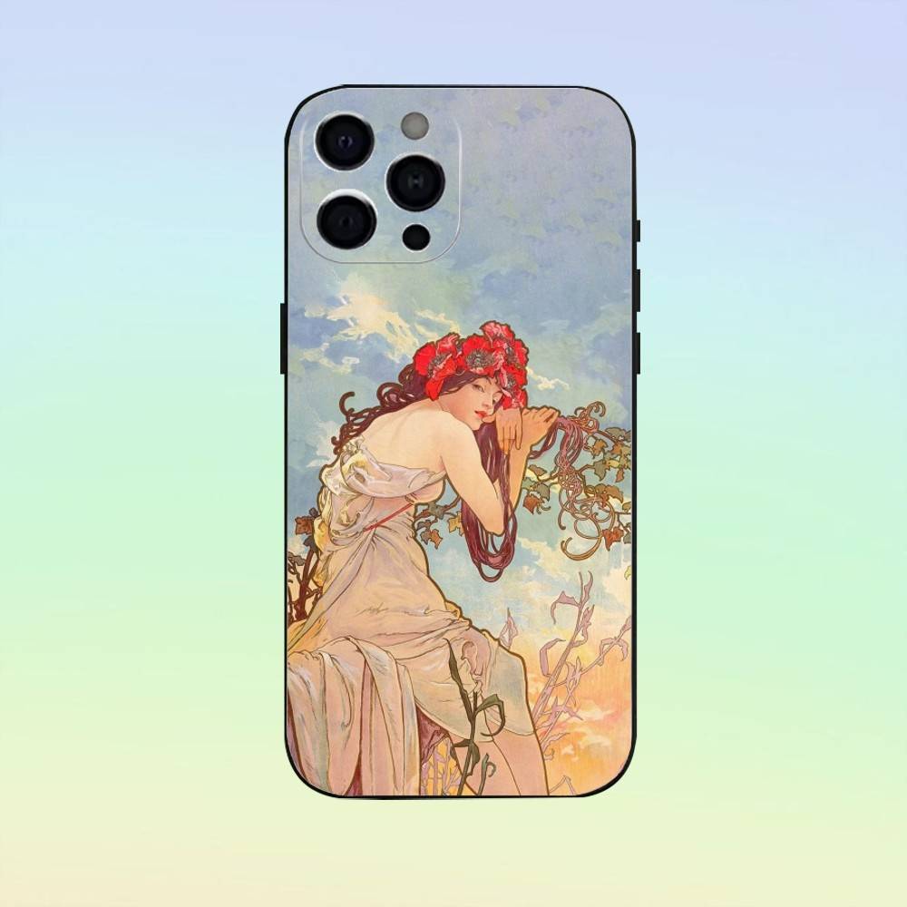 Vintage A-Alphonse Mucha Phone Case For iPhone 17, 16,15,14,13,12,11, Others Soft Silicone Black Cover