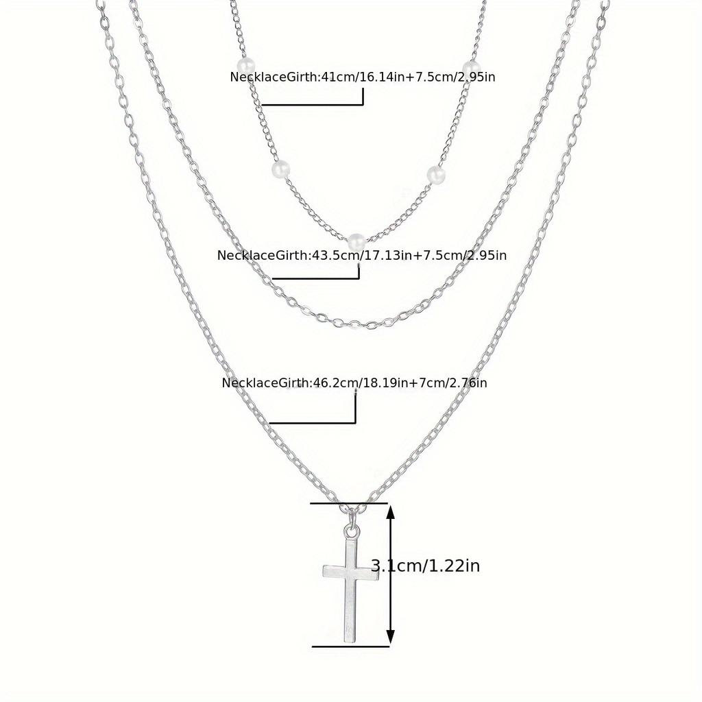 Women Gold Layered Cross Necklace Pearl Station Chain Dainty Pendant