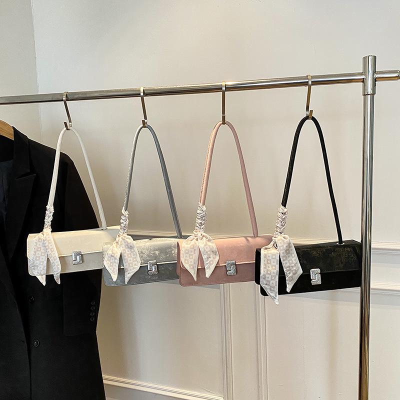 Women's Textured Underarm Baguette Bag with Silk Scarf - Early Spring 2025 Fashion