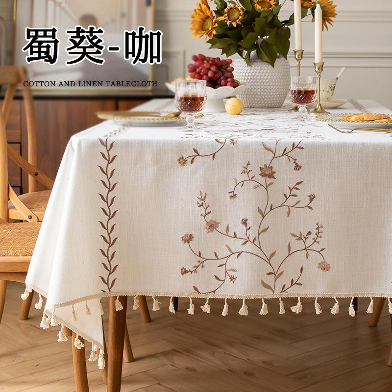 Cotton Linen Table Cloth Heavy Duty Embroidery Tablecloths Farmhouse Tablecloth Soft and Wrinkle Free Table Cover with Tassels